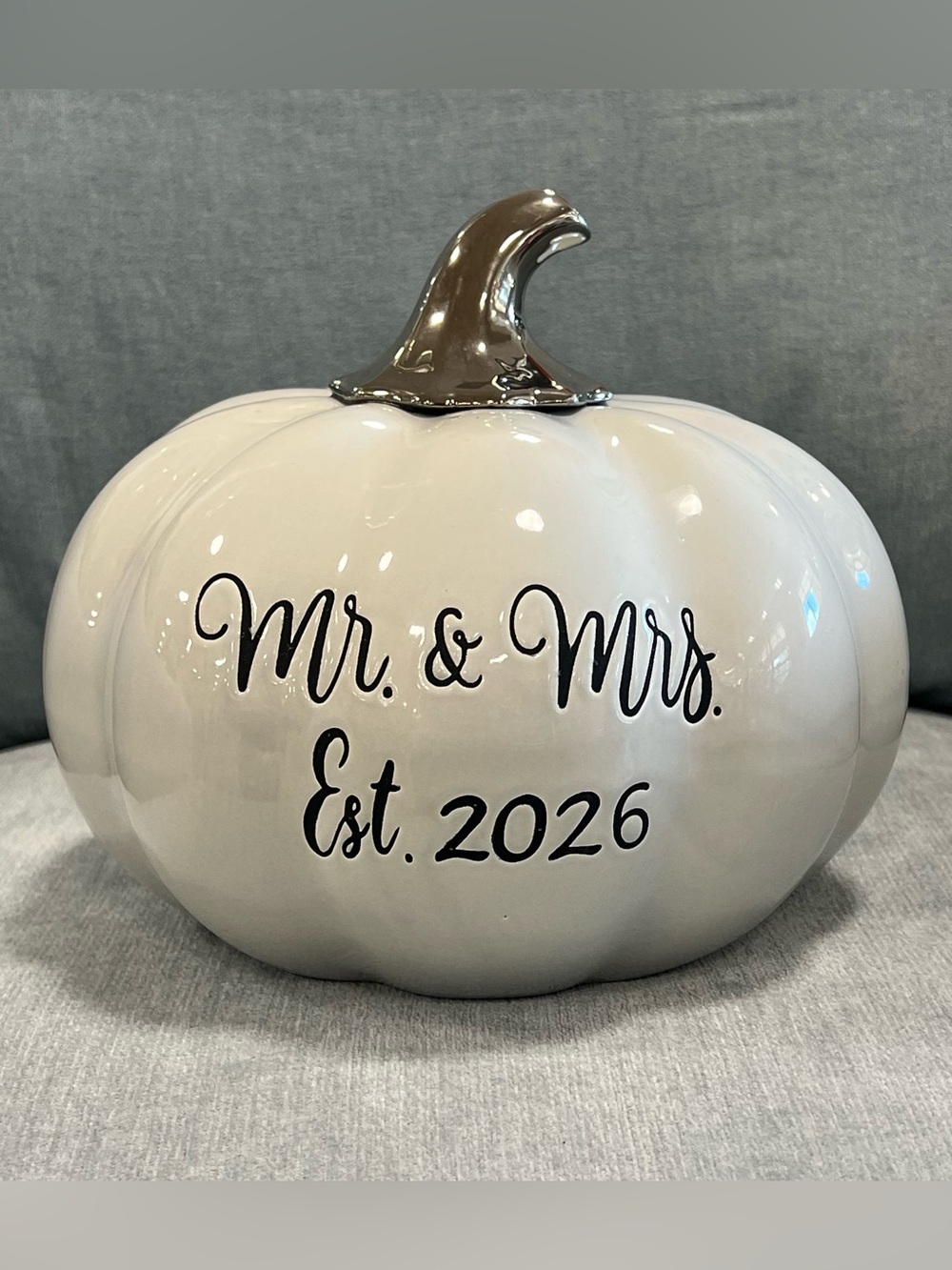 Martha Stewart 2026 Mr & Mrs 8” Wedding Pumpkin Keepsake Decor W Silver Stem NWT